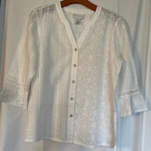 Alfred Dunner White Eyelet Embroidered Cotton Blouse - Size S